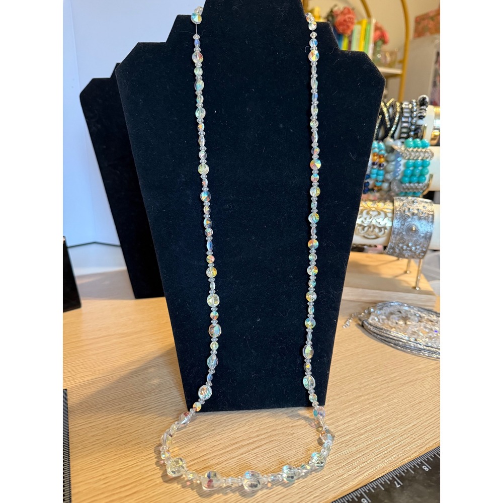 Vintage Aurora Borealis Crystal Bead Necklace Long Iridescent Faceted Glass 34"